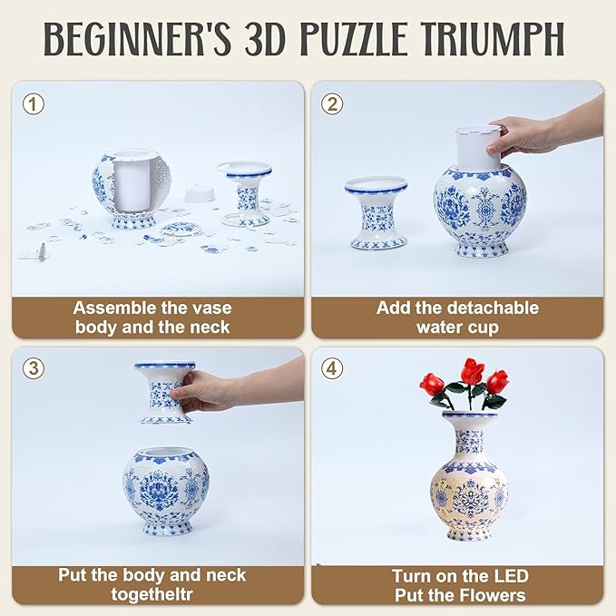 3D Puzzle Vase, 160 Curved Pieces DIY Flower Vase Craft Kit & 3D Puzzles for Adults, Creative Jigsaw Art Project Home Décor Centerpiece, (C-Blue White Porcelain)
