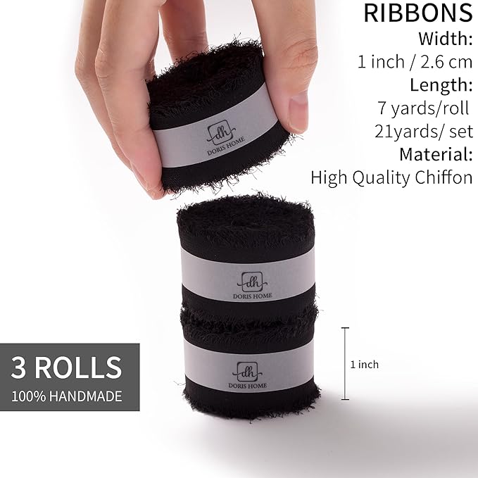 DORIS HOME Black Chiffon Ribbon for Flower Bouquet, 1" x21Yd Fabric Ribbon for Gift Wrapping, Handmade Frayed Ribbon for Wedding Invitations/Christmas Decorations