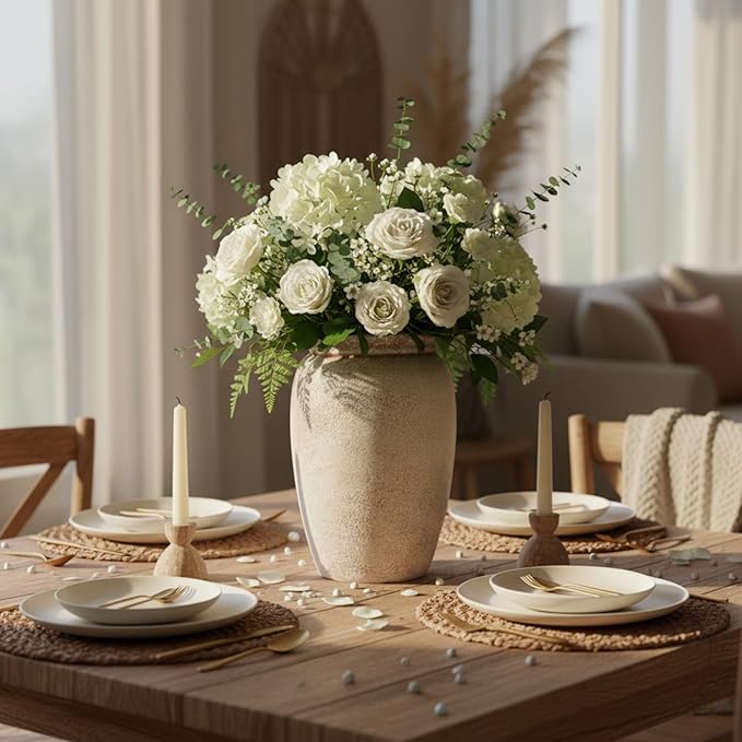 Ceramic Flower Vase,8.5 Inch Rustic Farmhouse Pottery Vase Home Decor Vintage Terracotta Country Decor Vases for Dining Table Decorations Living Room Entryway Kitchen Bedroom Mantel Book Shelf,Neutral