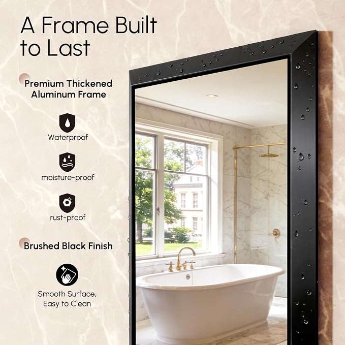 USHOWER 30x40 Inch Floating Bathroom Mirror - Brushed Black Wall Mirror for Over Sink, Beveled Aluminum Frame, Anti-Rust, Rectangular HD Reflection Large Vanity Mirror(Copper-Free Silver Coating)