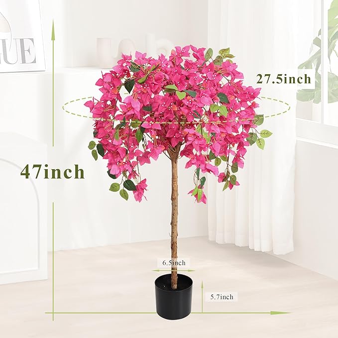 4 Feet Artificial Bougainvillea Trees, Fake Bougainvillea Pink Flowers Tree with Black Plastic Pot, Outdoor Faux Blooming Plants Potted 2 Packs for Decor Front Porch Indoor or Home Office (47 inch)