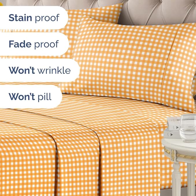 Yellow Gingham Sheets - 1 Flat & 1 Fitted Sheet & 2 Pillowcases w/ Deep Pockets - Grid, Plaid, Checkered Pattern Bed Set - Comfy, Wrinkle & Fade Resistant - Ultra-Soft, Breathable & Cooling -King Size