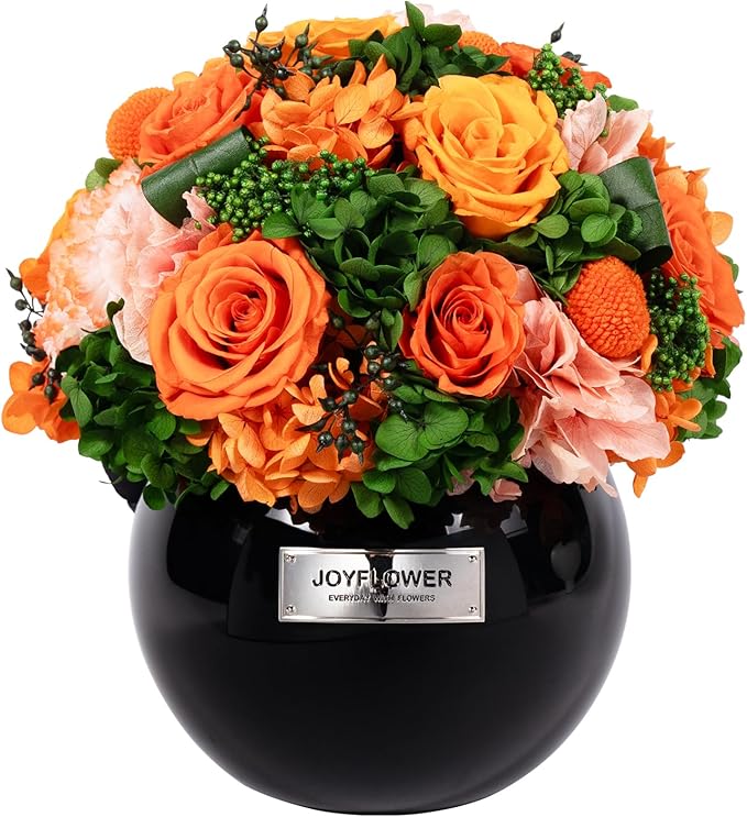 JoyFlower Preserved Flowers Vase Glass Decor, Eternal Flower Vases for Centerpieces, Orange Forever Flower Decoration for Party Home Wedding Table Living Room Bedroom, Preserved Roses Glass Vase Decor