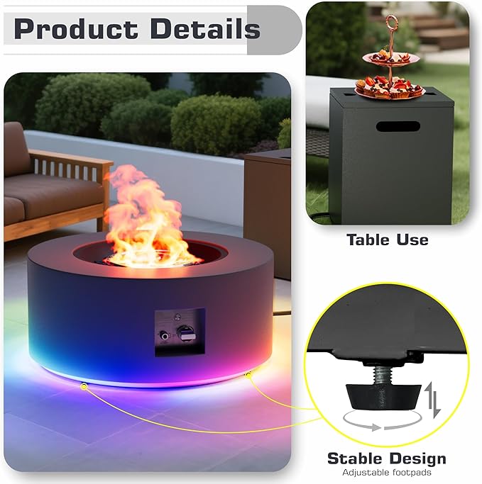 2-Piece 30" LED Round Propane Fire Pit for Outside Patio with Hidden Tank Table, 50,000 BTU Fireplaces with Lid, Glass Rocks, Cover(Dark Grey w/RGB Light)