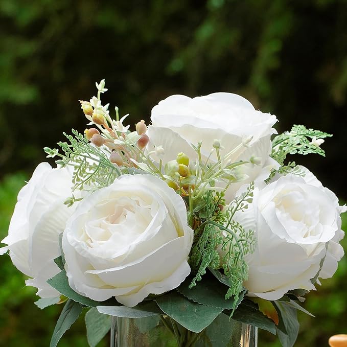 ENOVA FLORAL Artificial Flower Arrangement with Vase,Mixed Artificial Fake Silk Peony Flower in Vase for Decoration Home Office, Wedding Centerpiece (Cream)