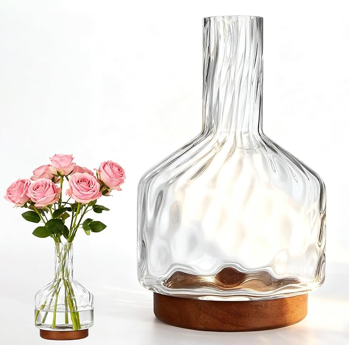 Clear Glass Vase Flower, Rippled Flower Vases with Wooden Base, 10-inch Modern Round Vases, Suitable for Living Room, Dining Room...