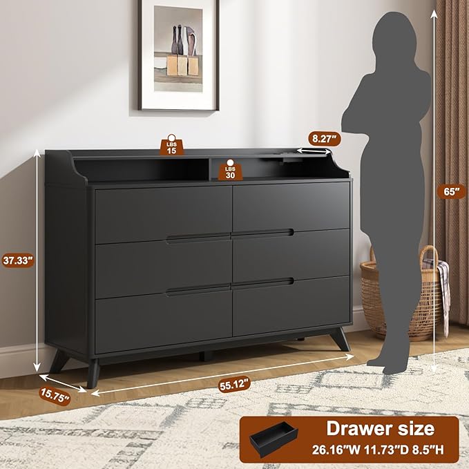 Dresser for Bedroom with 6 Drawers, 55" Large Dresser & Chest of Drawers with Charging Station, Wood Closet Clothes Storage Long Dressers Organizer for Bedroom Living Room Hallway, Black
