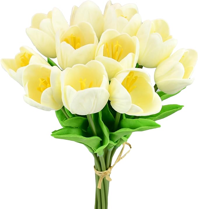 Mandy's Artificial Tulips 12 Stems Cream Partially Open PU Faux Flowers for Wedding Home Decor 13.5 Inch