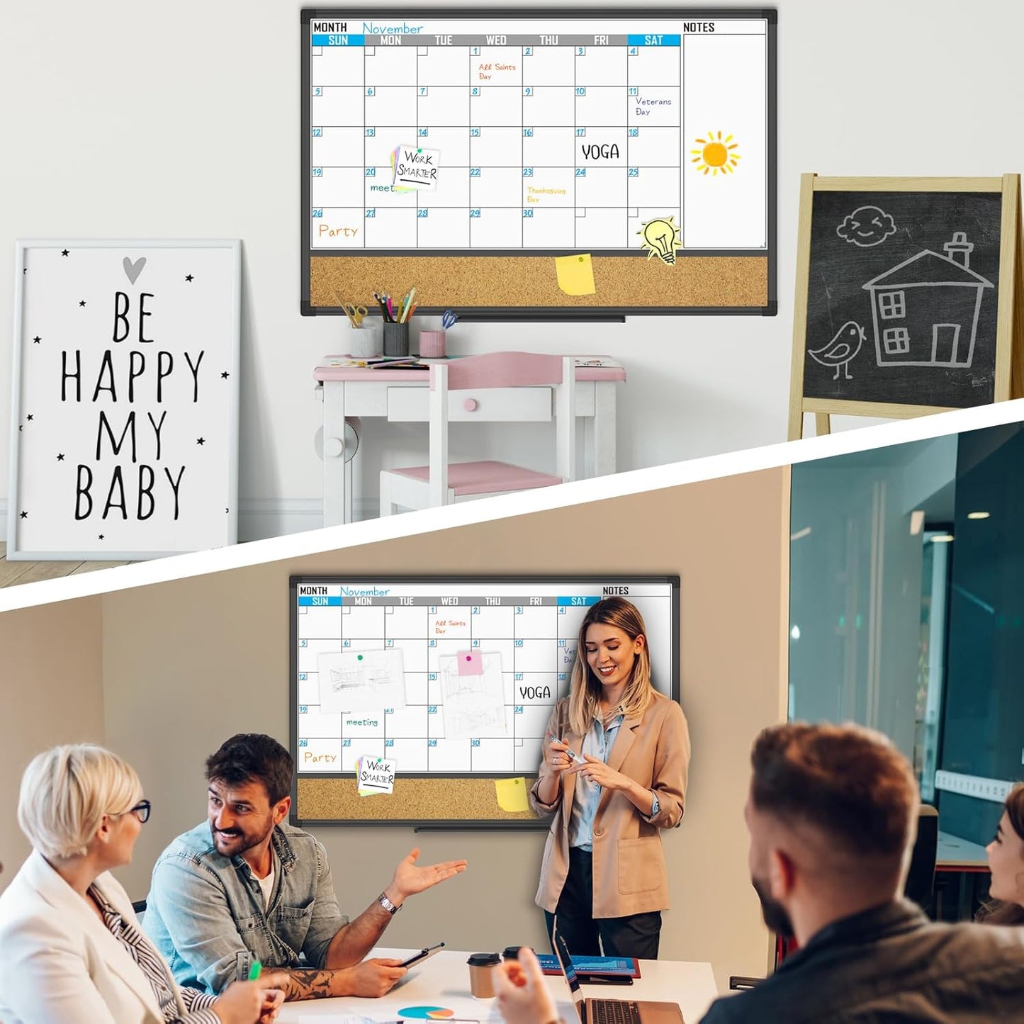XBoard Dry Erase Calendar | 36" x 24" Magnetic Whiteboard & Corkboard Combo with Push Pins & Marker Tray