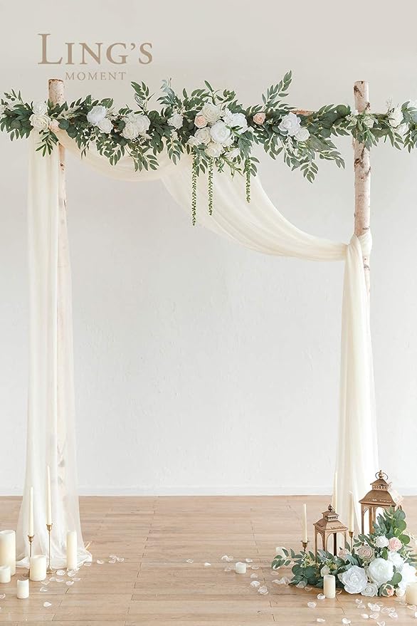 Ling's moment 9FT Spring Flower Garland for Backdrop Decorations - Wedding Arch Flowers, Eucalyptus & Rose, Artificial Floral Garland for Mantel - Sweetheart Table Decor for Reception, White & Sage