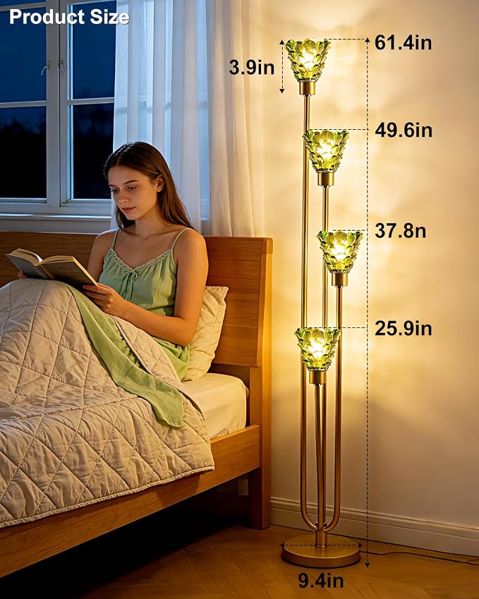 63IN 4-Lights Glass Floor Lamp Modern Dimmable Floor Lamps with Green Glass Shade& Warm White Bulbs for Wedding/Party, Gold Tall Standing Lamp with 5Lbs Heavy Base for Living Room/Bedroom