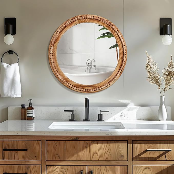 ULIKE Round Wood Mirror with Natural Wooden Bead Frame, 24 Inch Rustic Farmhouse Wall Mirror for Bathroom Nursery Bedroom Living Room Brown