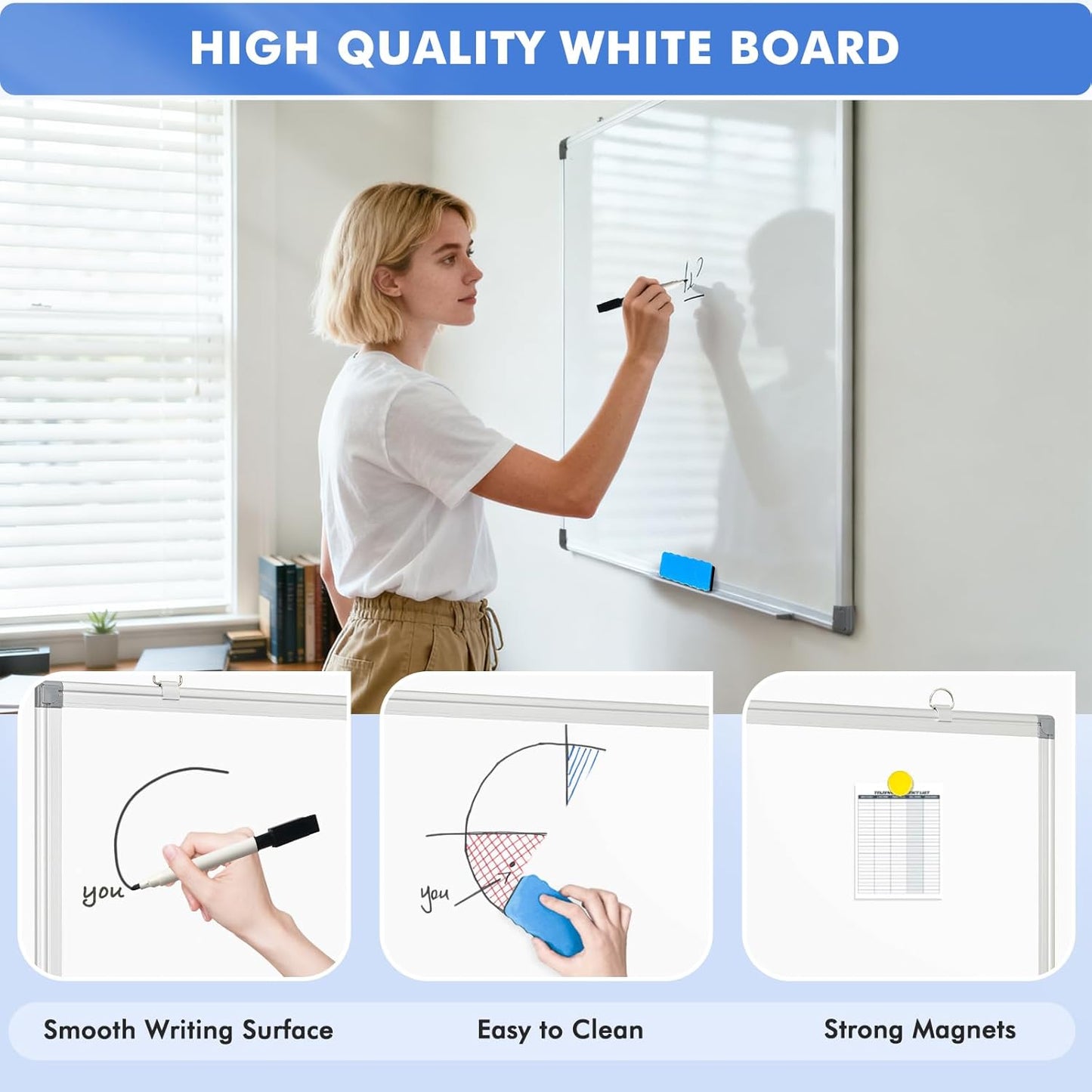 WALGLASS Double-Sided Dry Erase Board - 24" x 18" Magnetic Whiteboard with Silver Aluminum Frame for Home & Office