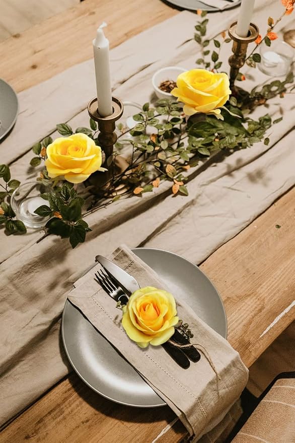 Artificial Rose Flower Artificial Flowers Flower with Long Stem Silk Roses Bouquet for Wedding Bridal Shower Party Home Decoration (Yellow, 30 Pcs)