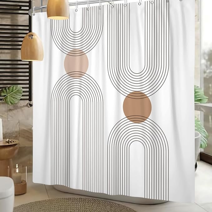 Mid Century Shower Curtain for Bathroom, Boho Sun Rainbow Modern Minimalist Geometric Shower Curtain, Abstract Arch Lines Modern Aesthetic Bathroom Decor Curtain Sets 72x72 inch