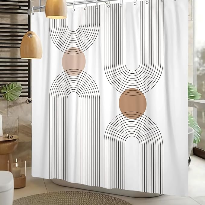 Mid Century Shower Curtain for Bathroom, Boho Sun Rainbow Modern Minimalist Geometric Shower Curtain, Abstract Arch Lines Modern Aesthetic Bathroom Decor Curtain Sets 72x78 inch