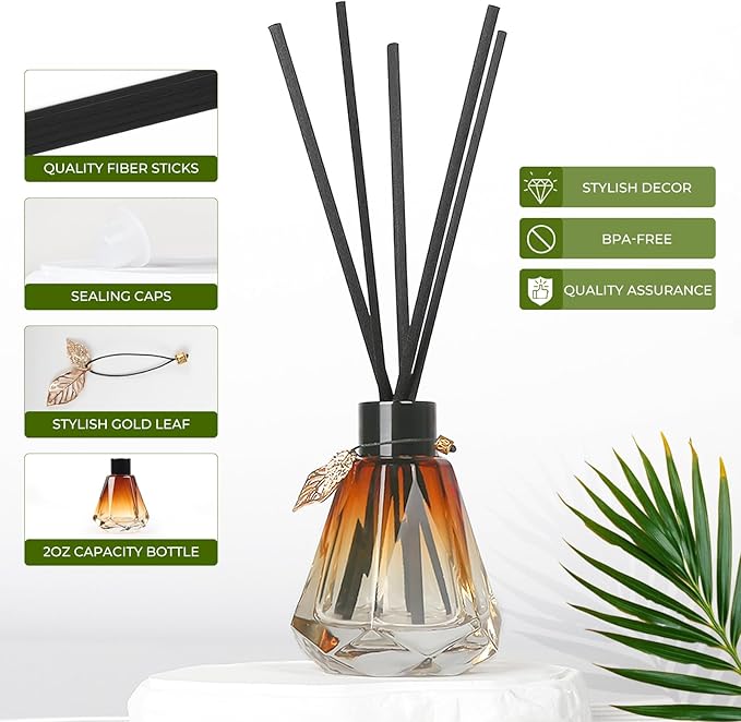 Reed Diffuser, Reed Diffuser Empty Bottles with 20pcs Reed Diffuser Sticks, Delicate Gold Leaf Decor, Glass Fragrance Diffuser Set with lids for Home… (Black+Gold, 4PCS)