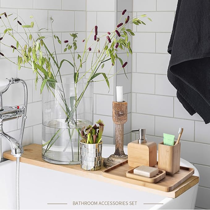 4Pcs Handmade Bamboo Sink & Bathroom Accessories Set Retro Set, Natural, Soap Dish Holder for Shower, Lotion Soap Dispenser, Mouthwash Cup, Rinse Cup, Organiser Tray for Hotel, House, Office