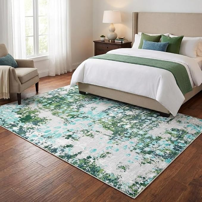 GAOMON Washable Modern Abstract 4x6 Small Area Rugs Non Slip Soft Bedroom Rug Low Pile Dining Room Carpet Mat Colorful Abstract Throw Rug for Nursery Office Entrance, Green/Turquoise