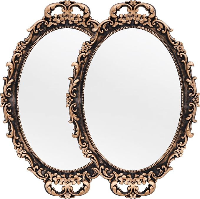 Tstarer Vintage Decorative Gold Framed Mirror, Wall Hanging Mirrors & Tabletop Tray for Bedroom Living Room Dresser Decor, Oval- 9.6" W x 14.3" L (BRONZE-2PACK)