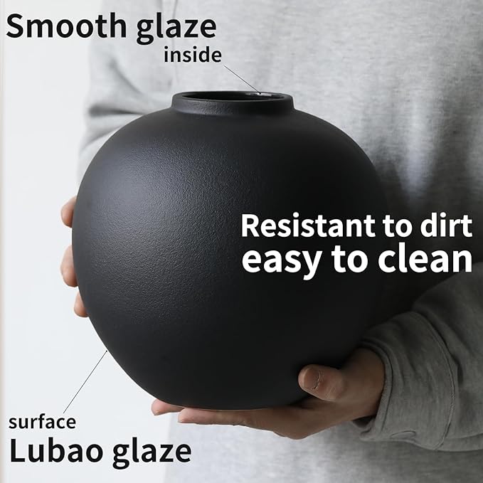 Large Black Ceramic Flower Vase,Decorative Jar Flower Vase, Decorative Jar Modern Centerpiece Table Decorations,Rustic Ceramic vases for Home Decor Dining Room(Black, 0614)