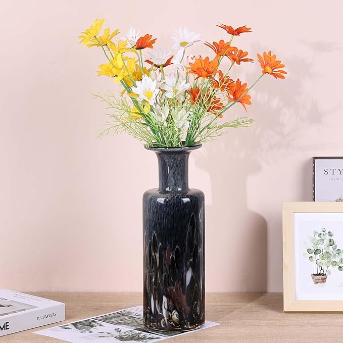 Hand Blown Glass Vase Smoke Gray – Murano Style Art Glass Vase with Wide Mouth for Flowers, Unique Bubble Vase, Modern Coastal Glass Decor for Dining Room, Coffee Table, Living Room Display(Gray)