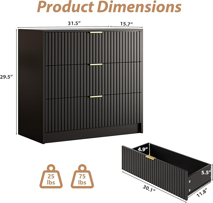 3-Piece Dresser Bedroom Set, 6 Drawer Dresser & 3 Drawer Nightstands with Gold Handles, Fluted Wood Chest of Drawers for Bedroom, Living Room, Entryway, Black