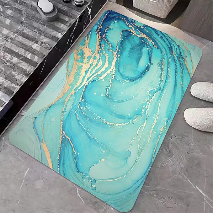 Diatomaceous Earth Bath Mat,Turquoise Marble Non-Slip Volume Super Absorbent Fast Drying for Bathroom Kitchen Door mat,Eco-Friendly Easy to Clean 20×31Inch (50 * 80cm)