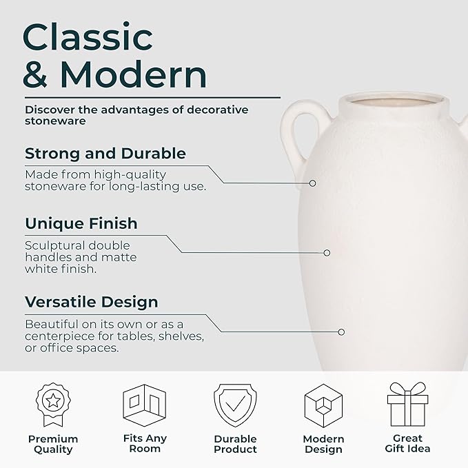 Decorative Vase for Home Decor – Textured Ceramic Jug with Handles, White Table Vase for Flowers, Modern Centerpiece for Living Room Styling or Shelf Displays, Casual Home Accent – 13", White