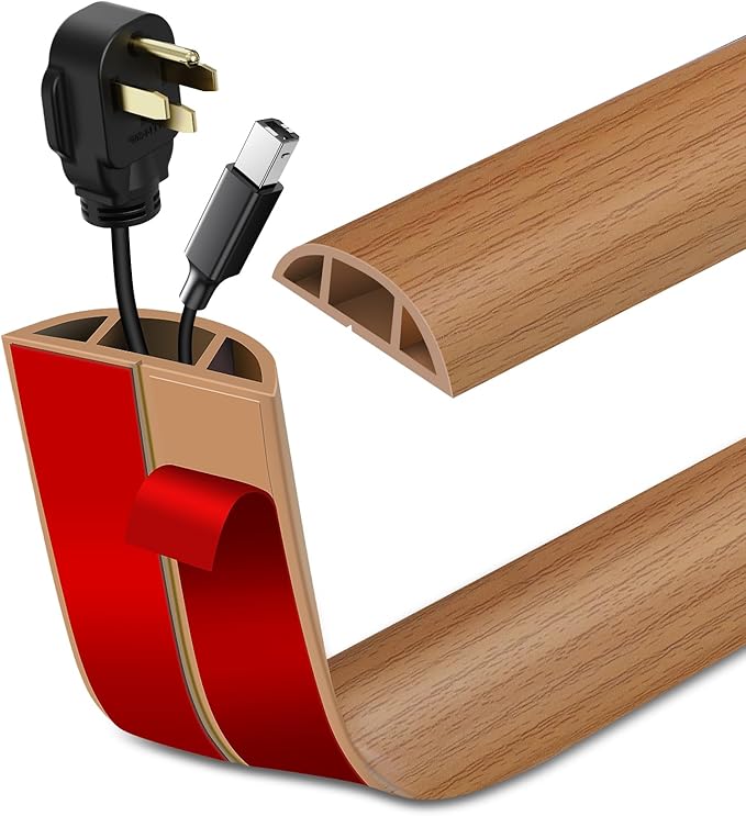 Floor Cord Cover Self Adhesive Cord Hider Floor Extension Cord Covers for Floor Power Cord Protector Cable Management Prevent Cable Trips Cable Cavity 0.51" W x 0.31" H (Light Brown Wood, 3.3Ft)
