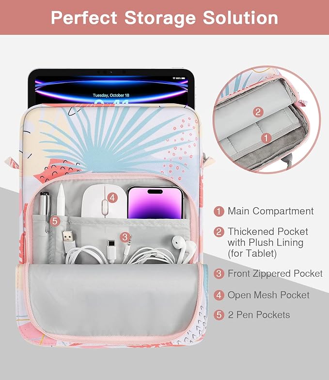 MoKo 12.9 Inch Tablet Sleeve Bag,Fits with 13" New iPad Pro M4 & Air M2 2024,iPad Pro 12.9 M2&M1,Surface Laptop Go 12.4,Galaxy Tab S8+/S9+ 12.4,Handle Carrying Case with Shoulder Strap, Tropical Leaf