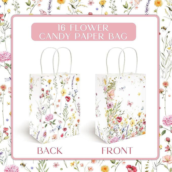 Lofaris 16PCS Wildflower Gift Bags - Floral Paper Bag with Handles, Small Wedding Party Favor Bag, Floral Gift Bags for Baby Shower, Bridal Shower, Birthday