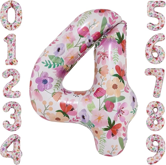Flower Balloons 40 Inch Floral Number 4 Balloon for 4th Birthday Garden Party Decorations Four Year Old Photo Props Foil Number 4