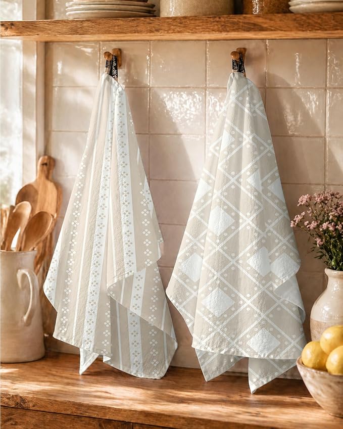 Miss Adola 2 Pack Flour Sack Kitchen Towels - 16x26 Inch Cotton Dish Towels with Hanging Loop Reusable Geometric Boho Modern Tea Towel Absorbent Dishcloths Home Decor, Beige Bohemia