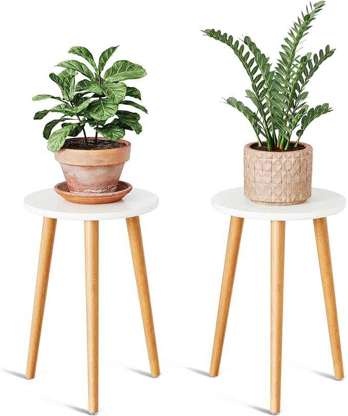 Uneedem Plant Stand Indoor, Mid Century Modern Small Round Plant Table for Flower Pots, 16.5" Tall Plant Holder Wood Stool for Living Room (2 Pack)