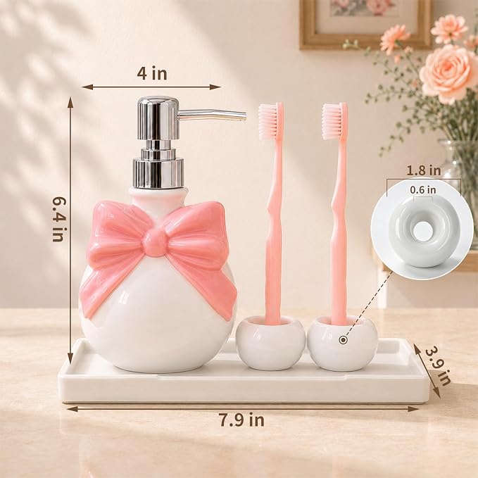 Pink Bathroom Accessories Ceramic Pink Bow Bathroom Set for Bathroom Vanity - Includes Tray, Soap Pump, Toothbrush Holder