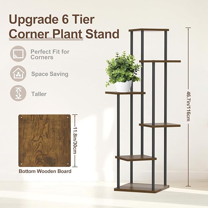 Oppro 6 Tier Plant Stand Indoor Outdoor, Tall Metal Wood Muti-Level Planter Shelf Holder, Sturdy Large Vertical Corner Orchid Flower Pot Display Rack for Narrow House Decor Office Living Room Bedroom, Oak
