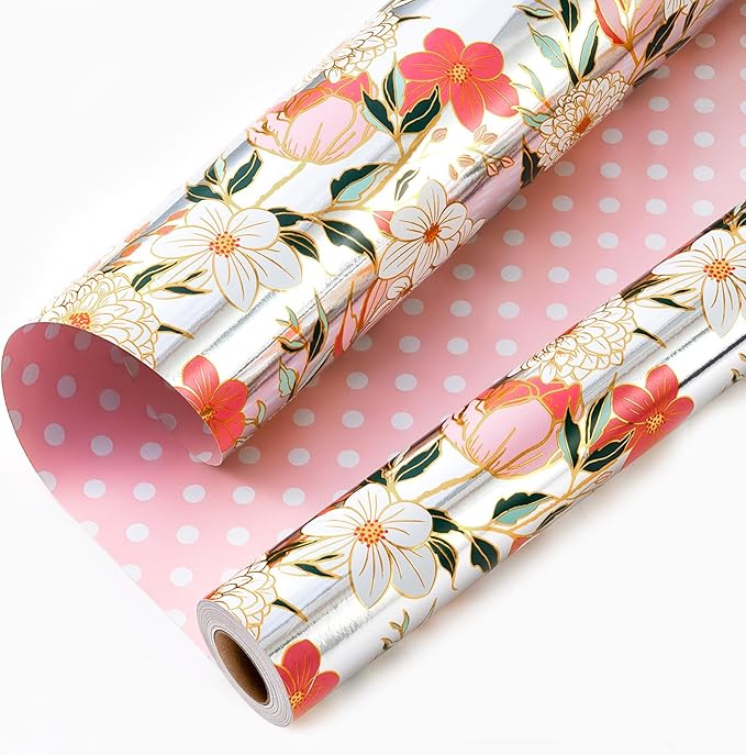 Yarcony Reversible Floral Wrapping Paper Roll, Bridal Shower Wrapping Paper, Colorful Flower Gift Wrap with Metallic Foil Shine for Birthday, Wedding, Mother's Day, Valentine's Day(17 Inch X 33 Feet)