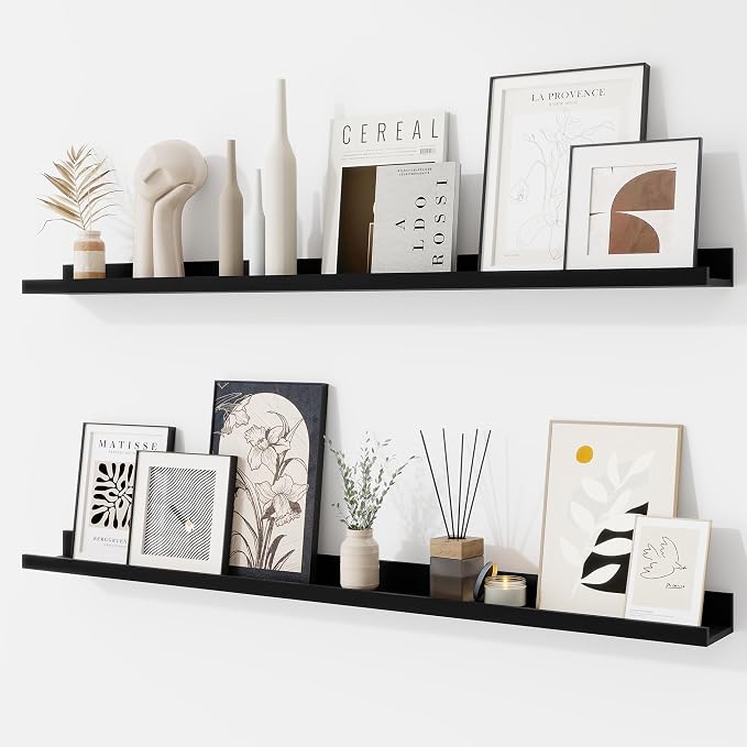 RICHFOCUS Picture Ledge Shelf, 40 inch Floating Shelves Set of 2, Wood Wall Shelves with Lip, Wall Decor Storage for Bedroom Living Room Bathroom Kitchen Nursery Photo Picture, Black