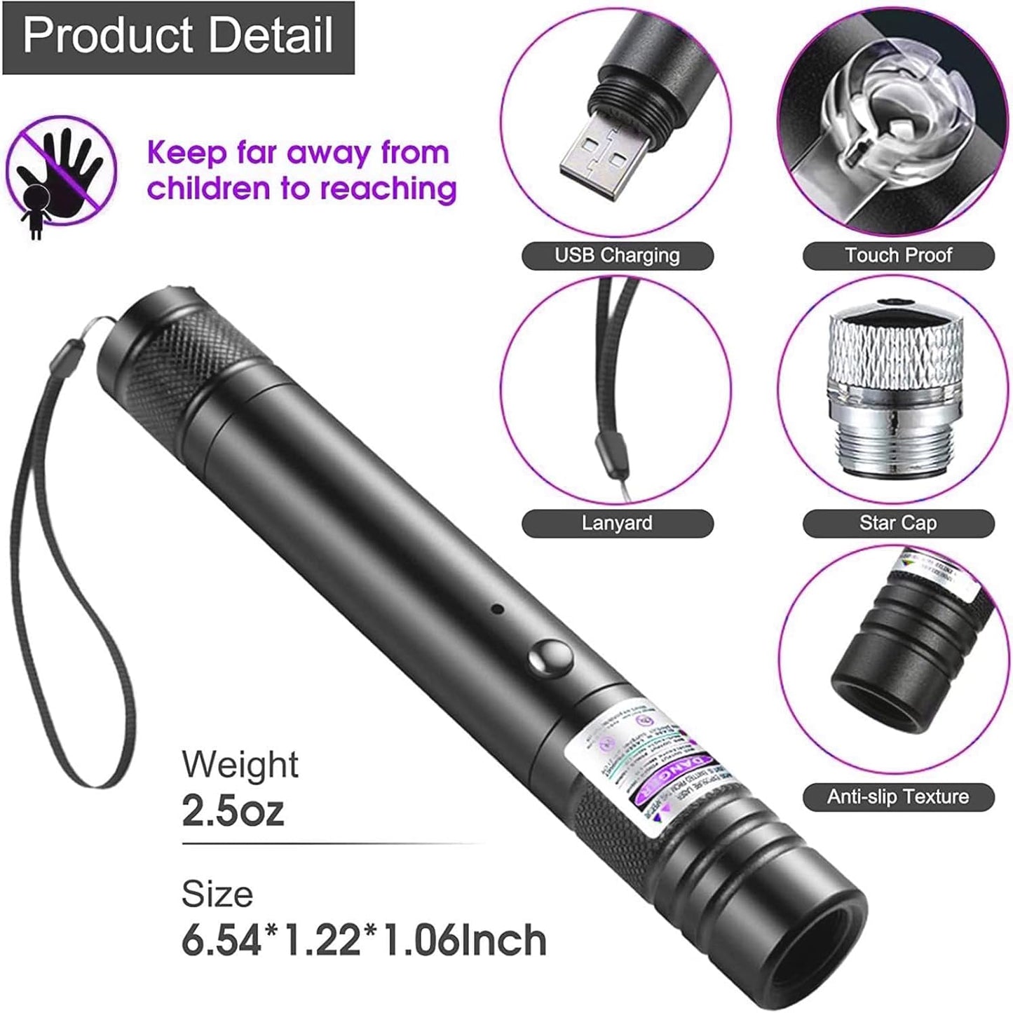 Skiennix High Power Purple Laser Pointer - USB Rechargeable for TV/LED/LCD Demonstrations & Outdoor Use