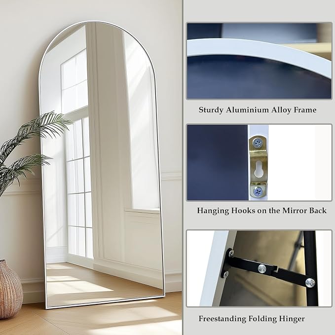 Dewfig Arched White Full Length Mirror,76"X34" Large Floor Mirror, Full Body Mirrors for Leaning or Hanging, Standing Mirrors for Bedroom, Living Room,Dressing Room, Aluminum Alloy Frame, White