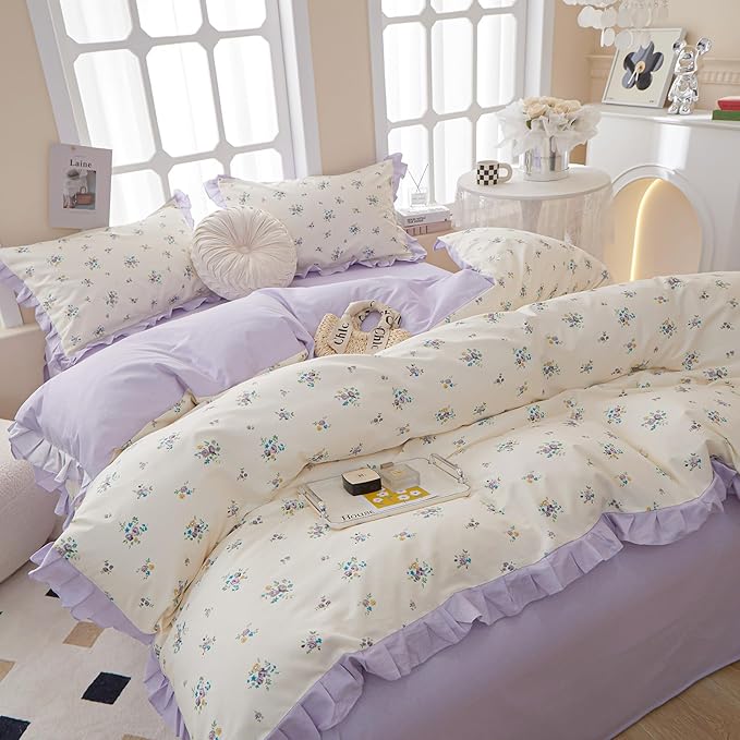 VM VOUGEMARKET Girl's Floral Comforter Set Full Princess Style Ruffle Bedding Comforter Sets,Vintage Farmhouse Purple Flower Comforter with 2 Pillowcases for All Seasons(3pcs,Full)