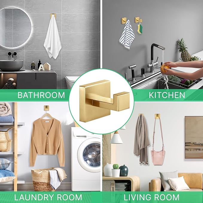 Heavy Duty Stainless Steel Towel Hooks, Wall Mounted Square Robe Hooks for Bathroom, Kitchen, Bedroom, Hotel Brushed Gold 2 Pack