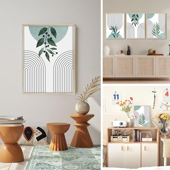 SERIMINO Sage Green Wall Art Framed, Botanical Boho Wall Decor for Living Room, Set of 3 Plant Painting Prints Farmhouse Decor for Bedroom, Bathroom, Office, 12 x16 inch