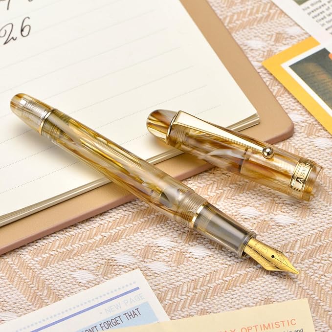 Asvine V126 Vacuum Filling Fountain Pen, Brown Swirl Acrylic Stub Nib 1.1mm Calligraphy Art Drawing with Case Set