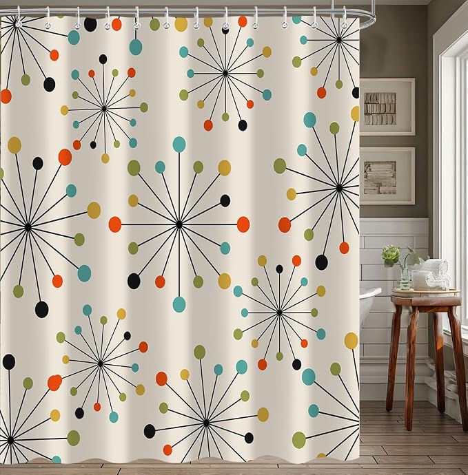 Vintage Mid Century Modern Geometric Shower Curtain，Retro Abstract 1950s 1960s Style Art Bathroom Decoration，Polyester Fabric Waterproof Bath Curtain 72x72 Inch with 12 Hooks