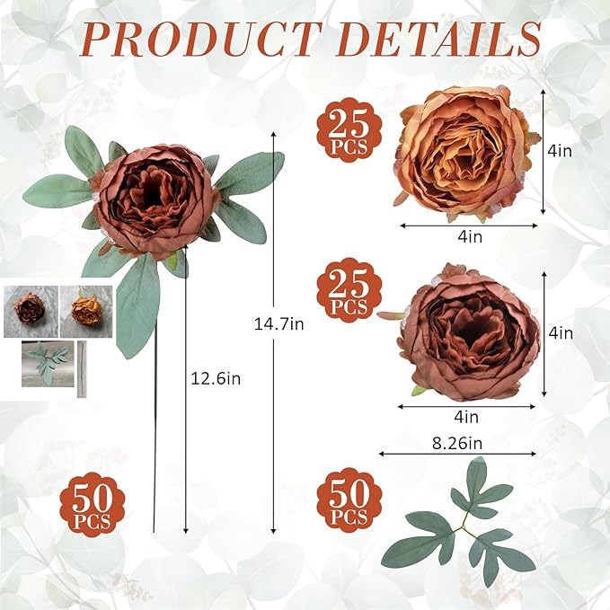 Zeyune 50Pcs Wedding Artificial Peonies 4 Inch Fake Silk Peony Faux Artificial Valentine Flower Bulk Rose Flower Head for Valentine Decoration Vintage Wedding Home Office(Brown and Orange)