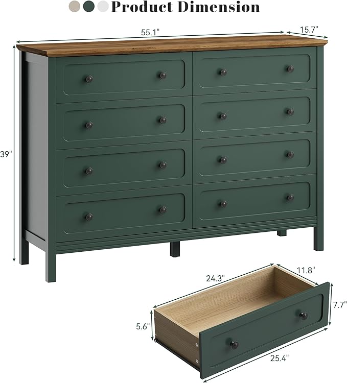 CARPETNAL Green Dresser for Bedroom, 55" Wide 8 Drawer Dresser with Metal Handles and Deep Drawers, Modern Large Wood Chest of Drawers for Living Room, Hallway.