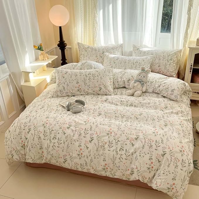 Nayoroom Floral Duvet Cover Twin Size Cottagecore Green Botanical Leaf Flower Spring Duvet Cover 2 Pcs Soft Lightweight Microfiber Pastoral Aesthetic Bedding Set Gift for Women