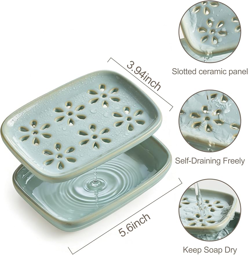 Miamolo Soap Dish for Shower with Drainage, 2-Tier Soap Holder for Bar Soap Sponge, Ceramic Soap Dish with Removable Drip Tray for Bathroom Sink, Mess-Free, Easy Cleaning Dishwasher Safe, Blue